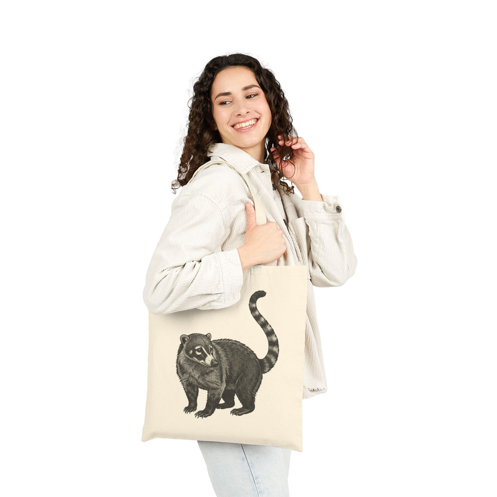Coati tote bag with detailed wildlife illustration from Wyldelife Collection, featuring a colorful coati design on durable fabric.
