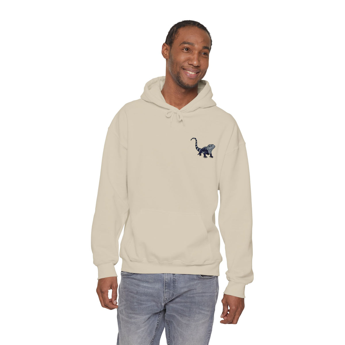 Unisex hoodie with colorful embroidered iguana design, made by Printify, featuring detailed wildlife embroidery for everyday wear.