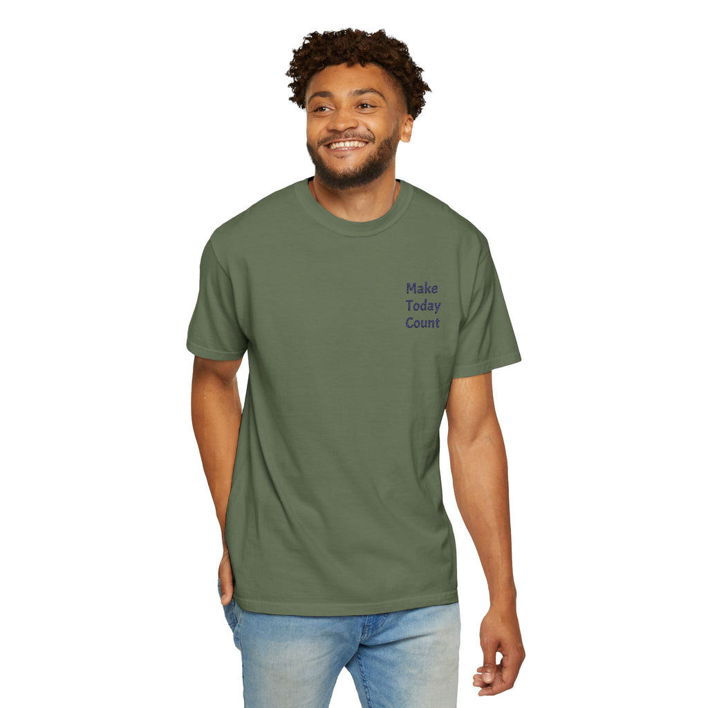 Black Make Today Count T-Shirt by Printify featuring a minimalist design with a small inspirational pocket detail.