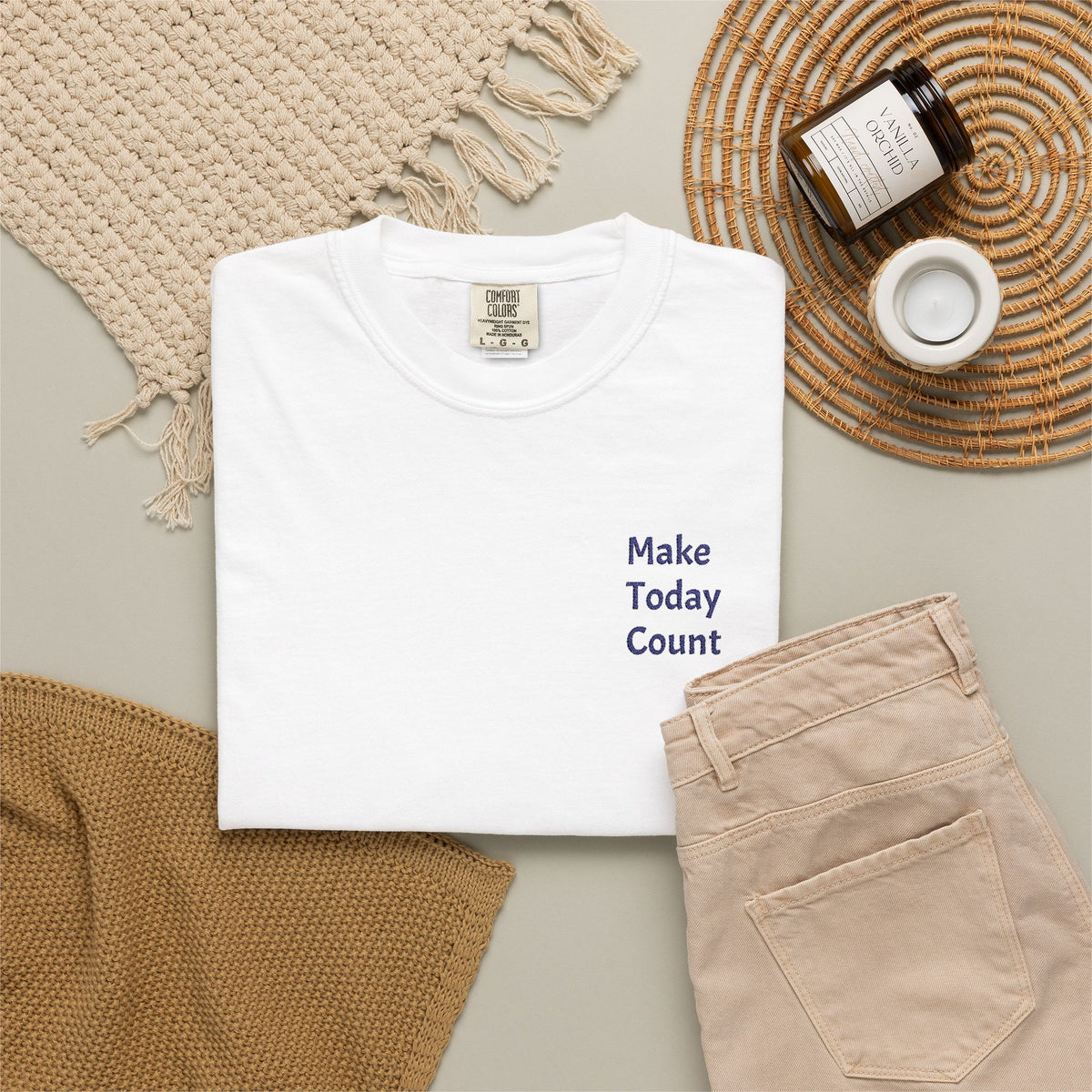 Minimalist Make Today Count T-Shirt by Printify featuring a small pocket and inspirational text on a casual cotton tee