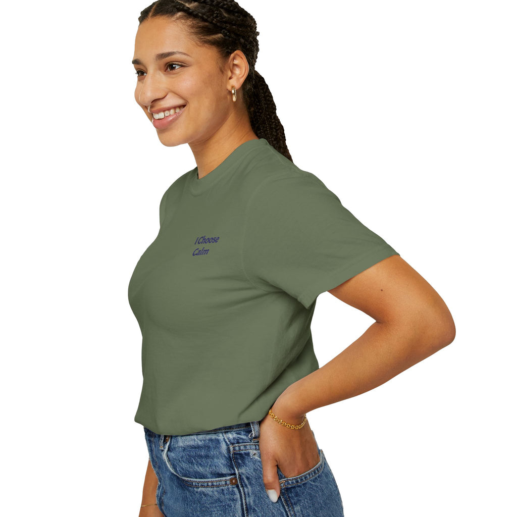 Light gray I Choose Calm T-Shirt featuring minimalist relaxation design, casual fit, and soft cotton fabric from Printify.