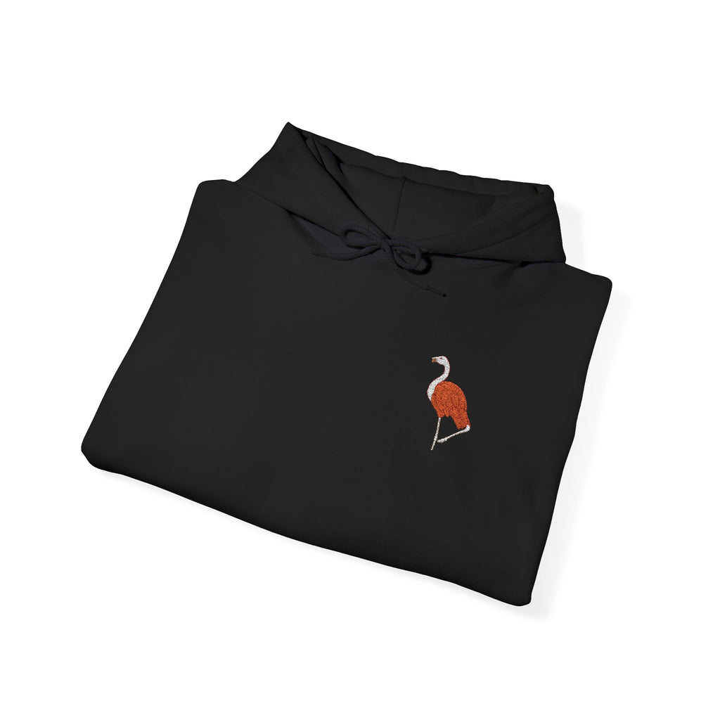 Flamingo embroidered hoodie from Wyldelife Collection featuring wildlife embroidery on a premium unisex hoodie by Printify.