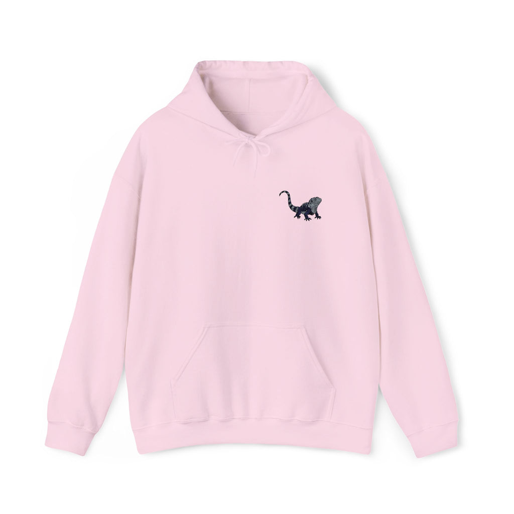 Unisex hoodie with iguana embroidery, featuring nature-inspired wildlife design in vibrant colors, made by Printify.