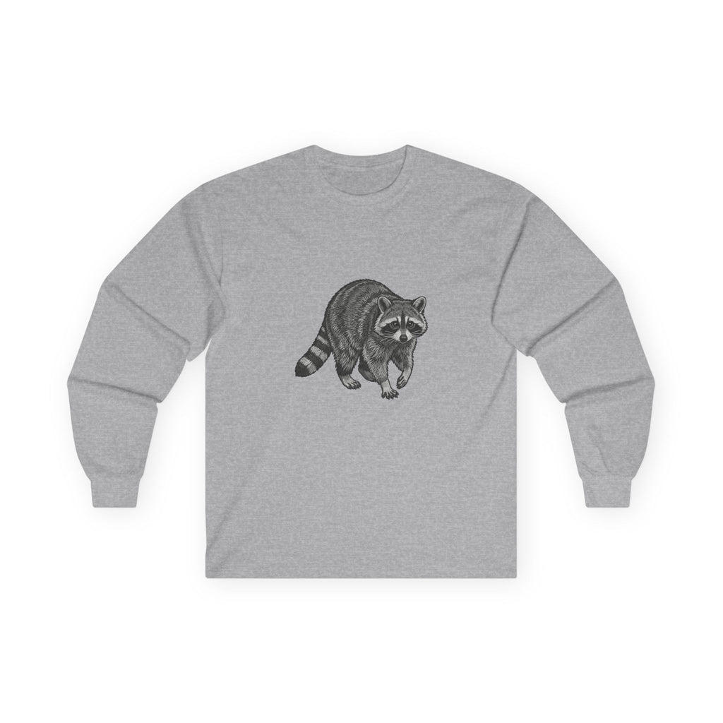 Raccoon long sleeve T-shirt with wildlife graphic design from WyldeLife Collection, featuring a detailed raccoon illustration.
