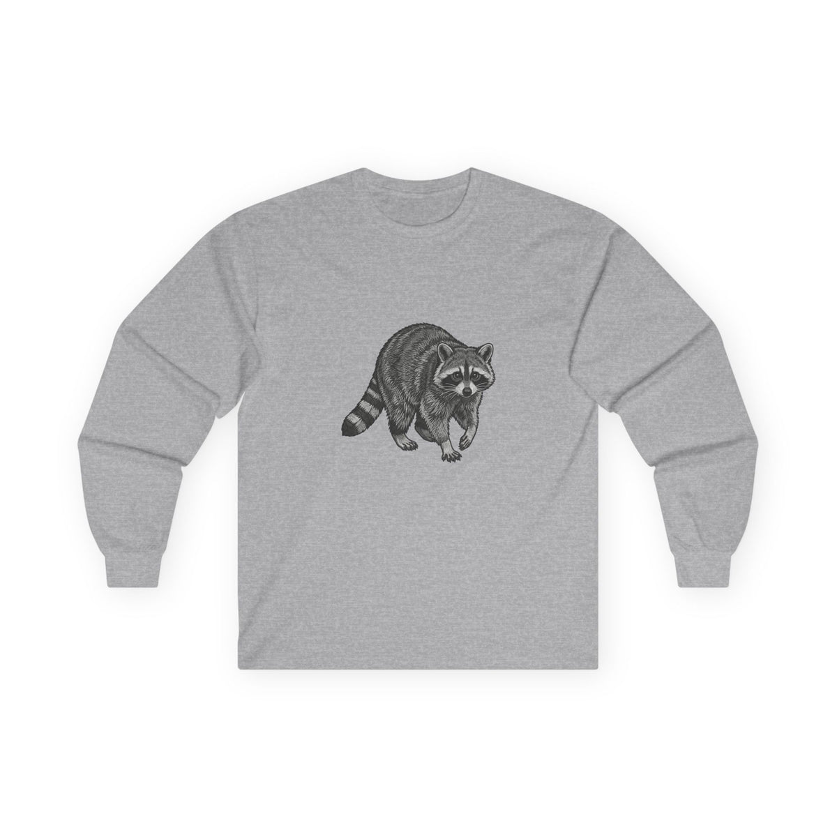 Raccoon long sleeve T-shirt with wildlife graphic design from WyldeLife Collection, featuring a detailed raccoon illustration.