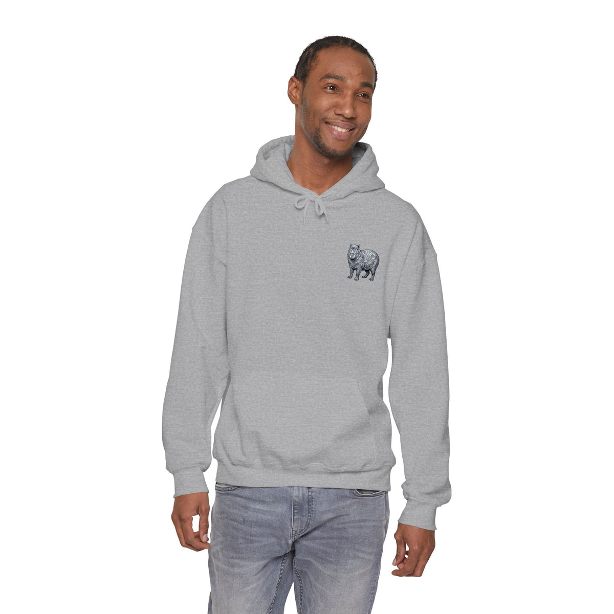 Capybara embroidered hoodie from Wyldelife Collection featuring wildlife design, with detailed embroidery on a cozy Printify hoodie.