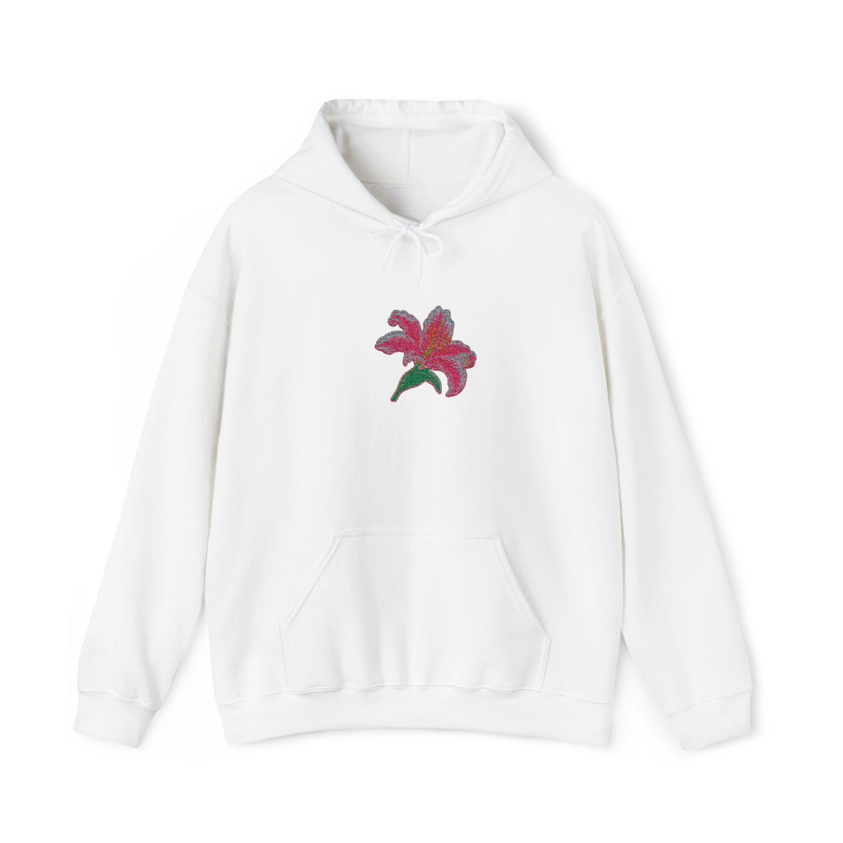 Printify embroidered lily flower hoodie with a center front floral design, featuring detailed floral embroidery on a casual hoodie.