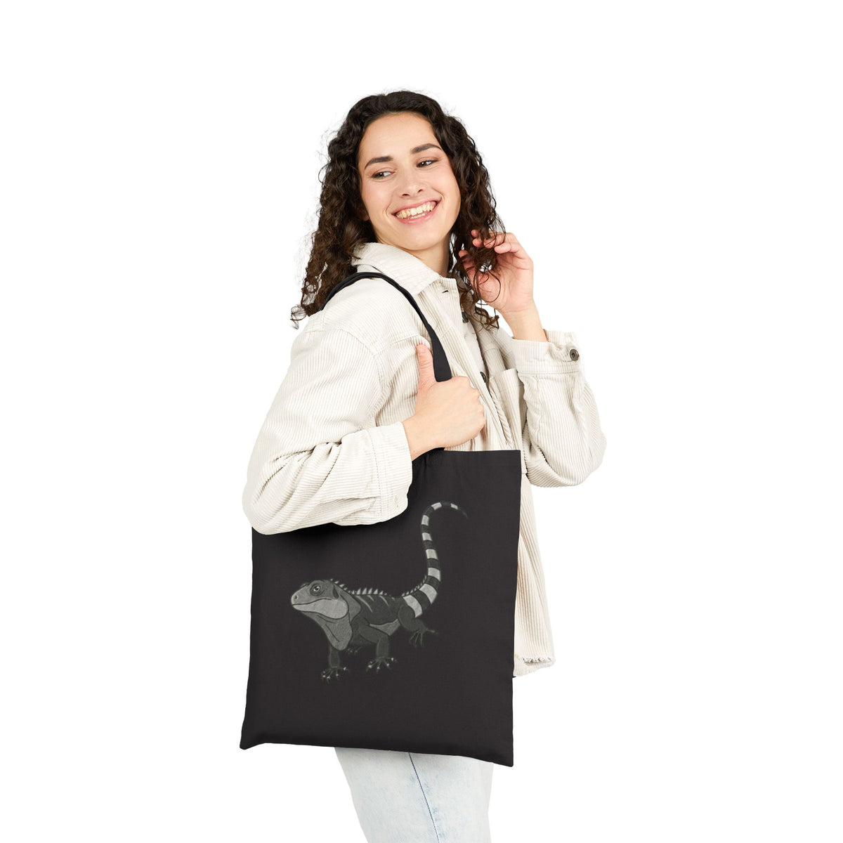 Printify Iguana Tote Bag with detailed wildlife illustration showcasing a vibrant green iguana on durable fabric.