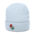 Soft knit embroidered poppy beanie hat with floral design, unisex winter hat by WyldeHaven Apparel, ideal for everyday wear.