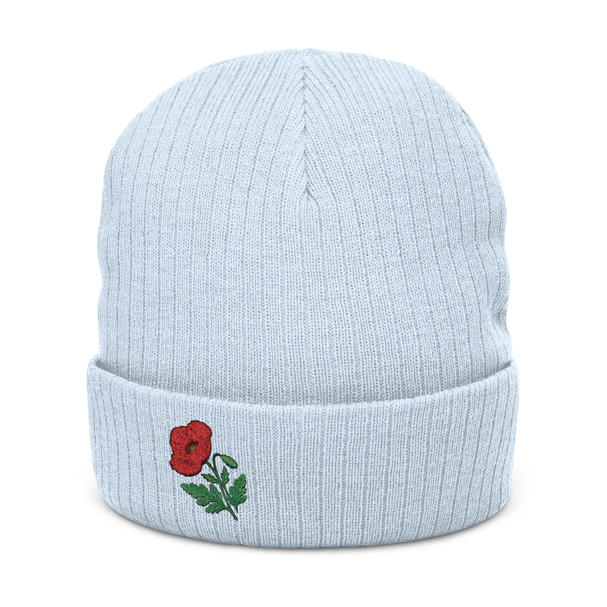 Soft knit embroidered poppy beanie hat with floral design, unisex winter hat by WyldeHaven Apparel, ideal for everyday wear.