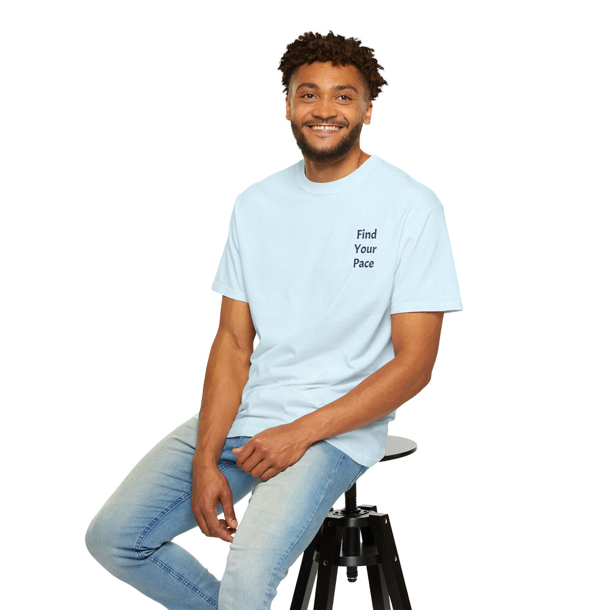 Black Find Your Pace T-Shirt by Printify featuring a minimal motivational chest print and comfortable casual fit.