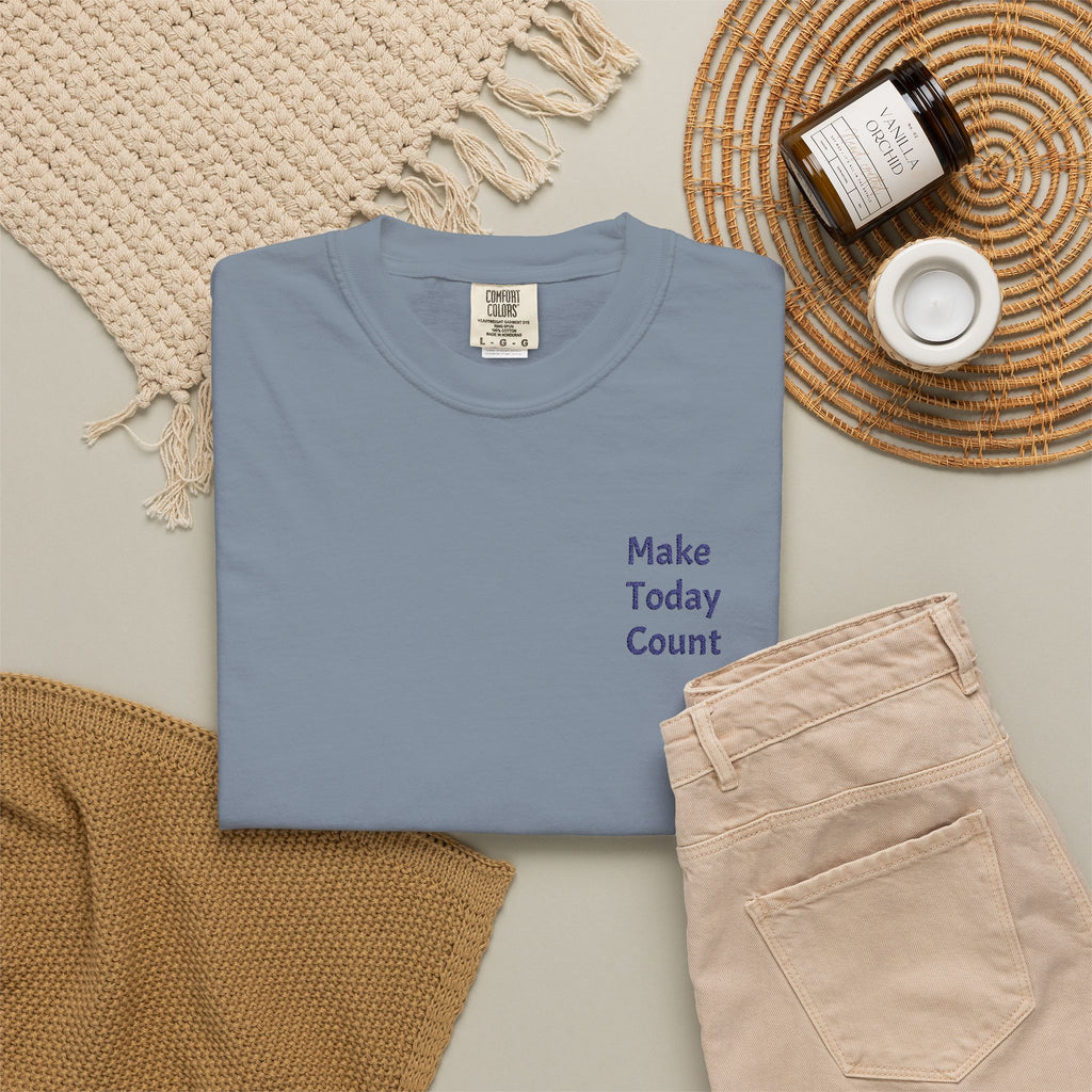 Printify Make Today Count T-Shirt featuring a minimal inspirational design with a small pocket, casual style, and comfortable fit.