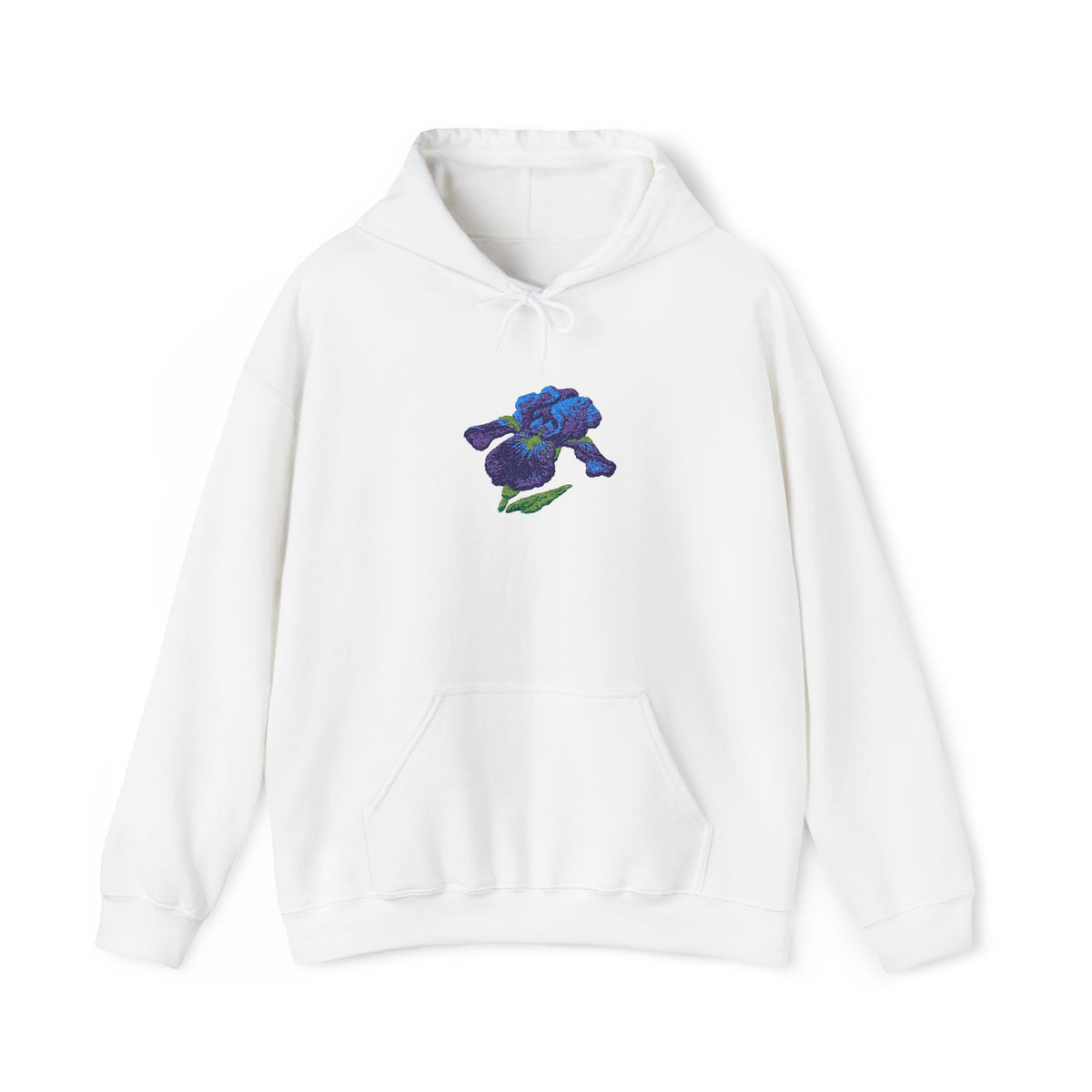 Printify embroidered iris flower hoodie with a center front floral design, featuring colorful flower embroidery on a casual hoodie.