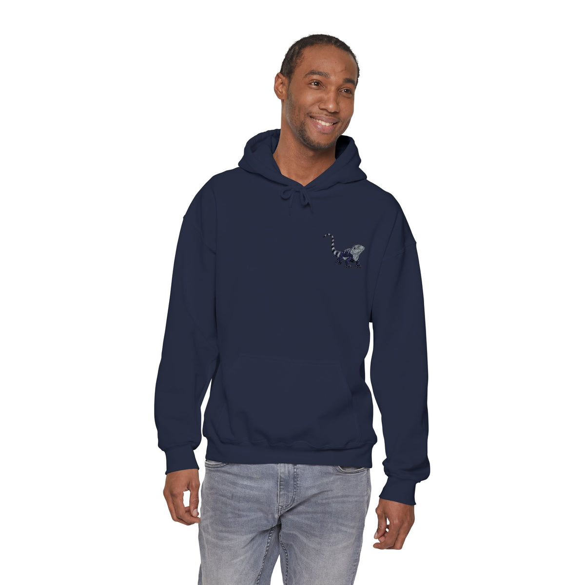 Unisex hoodie with colorful iguana embroidery, featuring wildlife-themed design on a premium Printify hoodie for everyday wear.