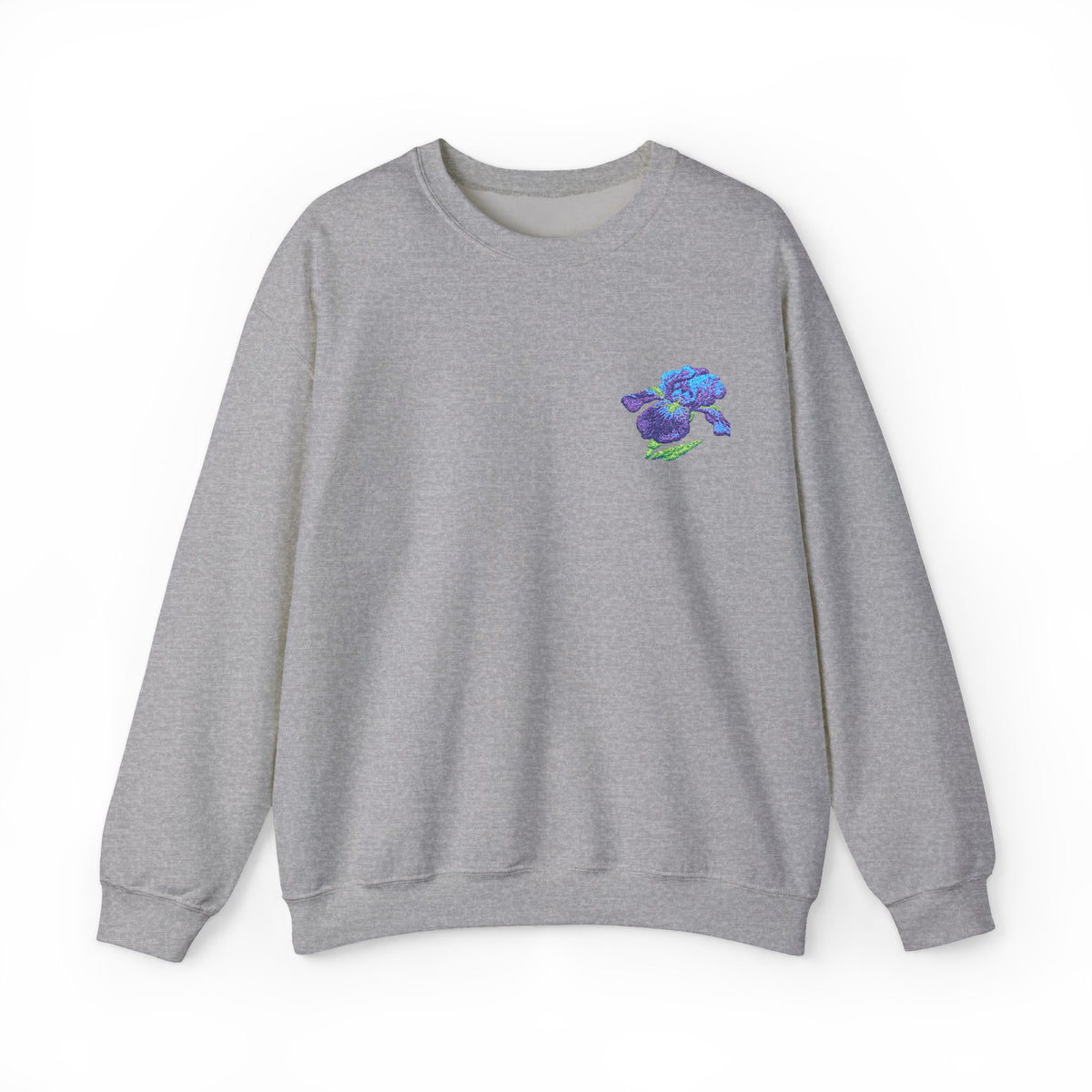 Unisex embroidered Iris sweatshirt with floral design on the left chest, by Printify, featuring detailed floral embroidery.