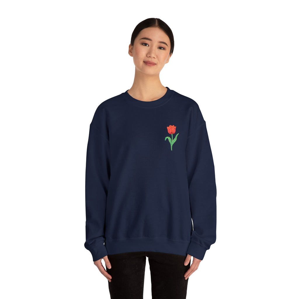 Unisex embroidered tulip floral sweatshirt with floral design on the left chest, casual and comfortable jumper by Printify.