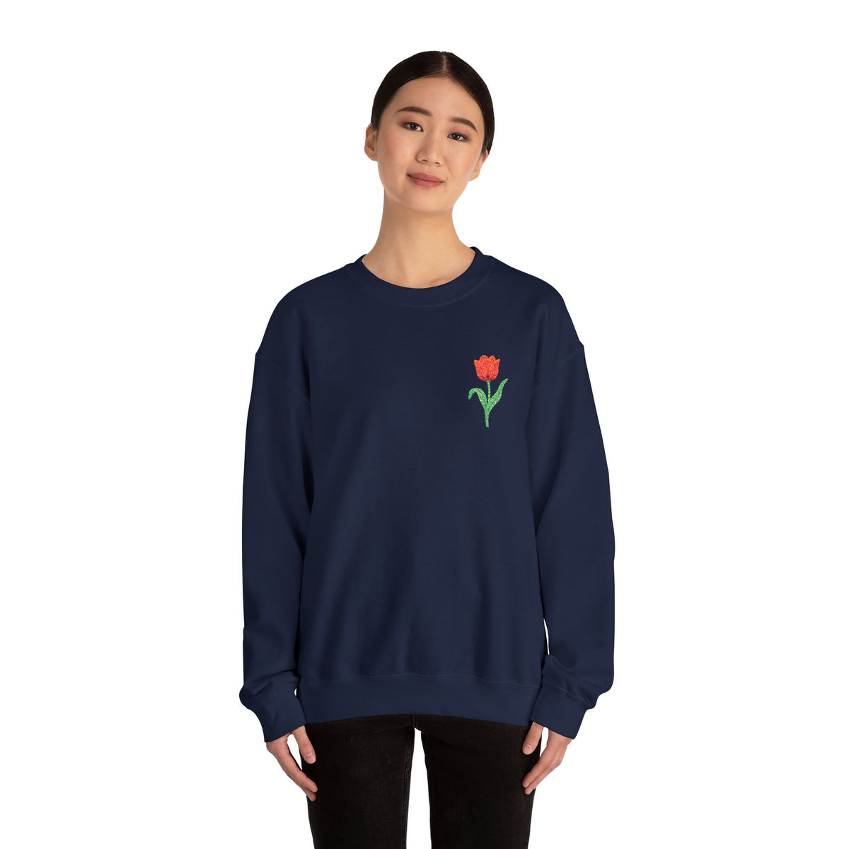 Unisex embroidered tulip floral sweatshirt with floral design on the left chest, casual and comfortable jumper by Printify.