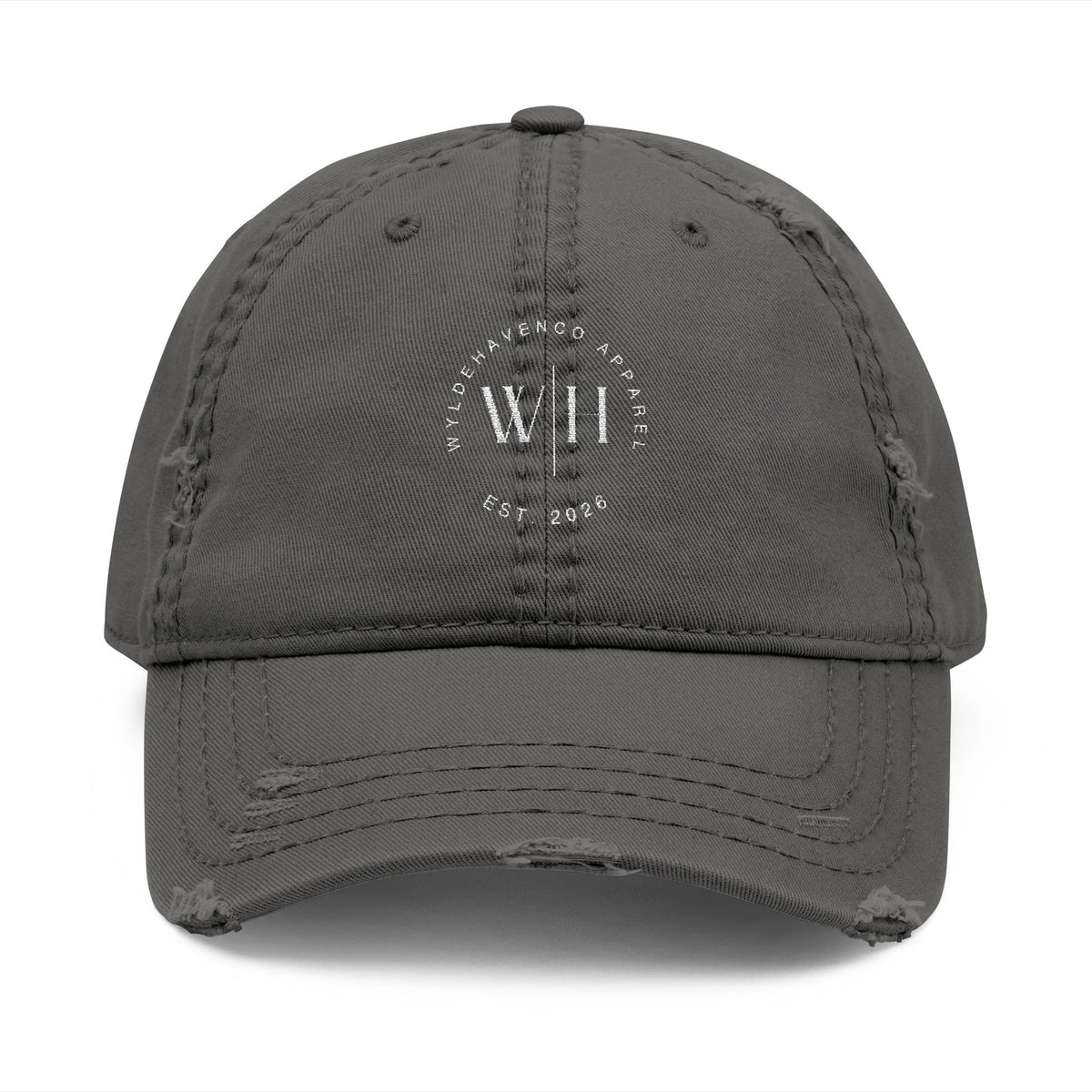 Distressed embroidered dad hat with vintage washed finish, classic baseball cap style by Printify, featuring detailed embroidery and casual look.