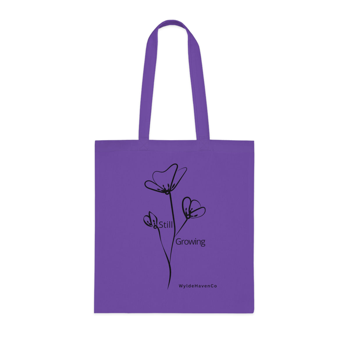 Still Growing floral cotton tote bag featuring minimalist design and inspirational print, perfect for casual carry and eco-friendly use.