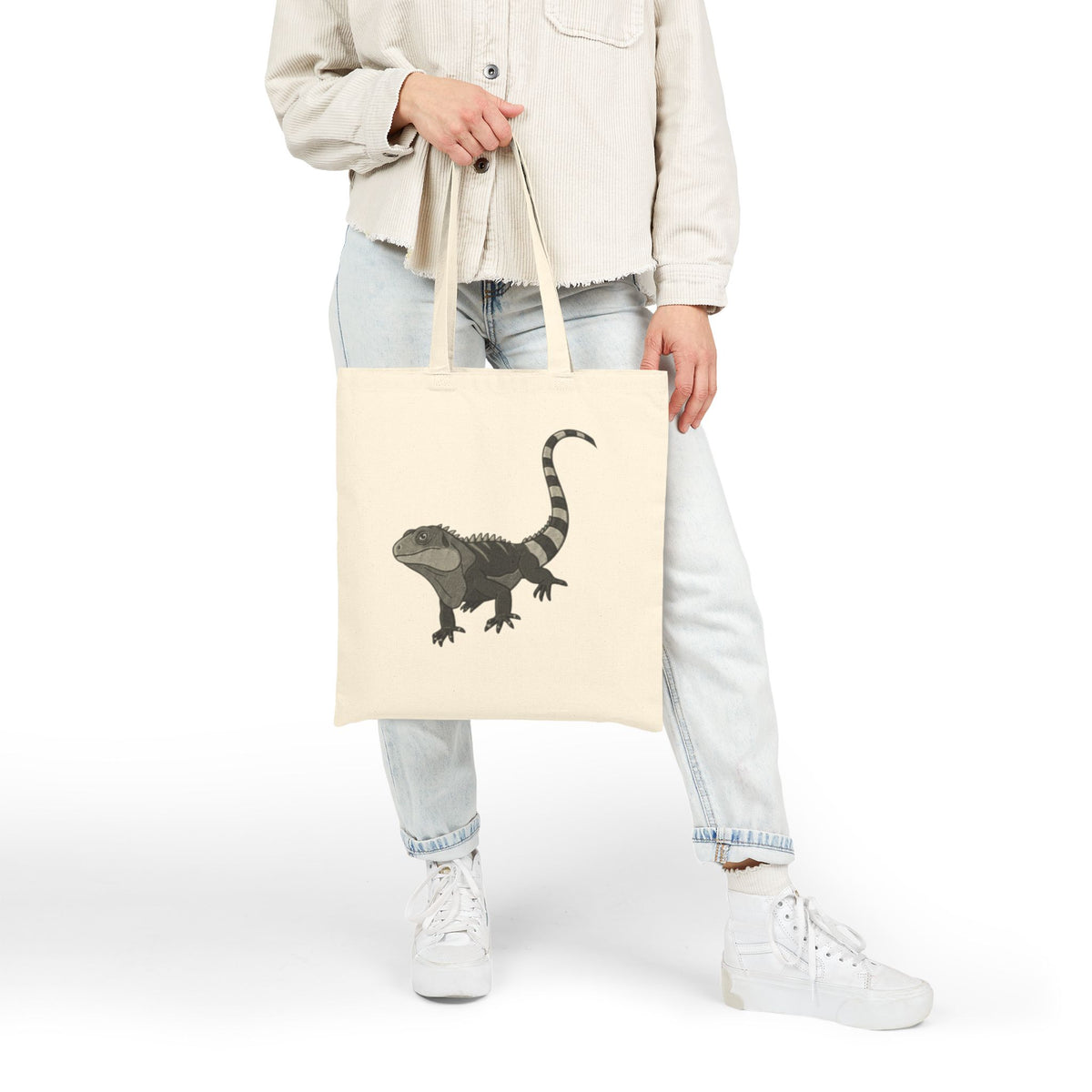 Printify Iguana Tote Bag featuring detailed wildlife illustration of an iguana on durable fabric, part of the Wyldelife Collection.