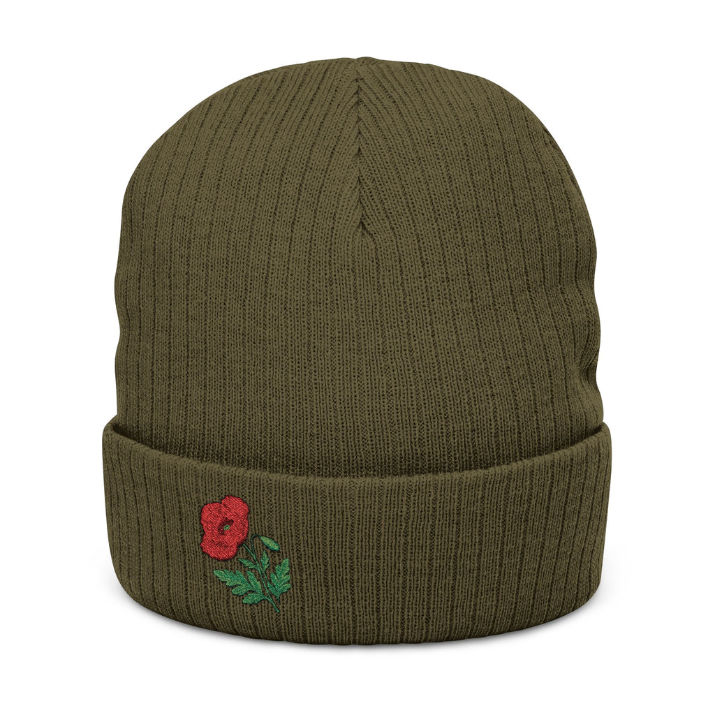 Unisex embroidered poppy beanie hat by WyldeHaven Apparel featuring floral design and soft knit material for winter wear.