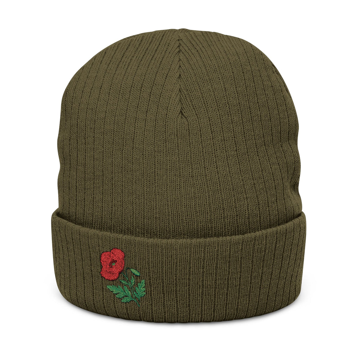 Unisex embroidered poppy beanie hat by WyldeHaven Apparel featuring floral design and soft knit material for winter wear.