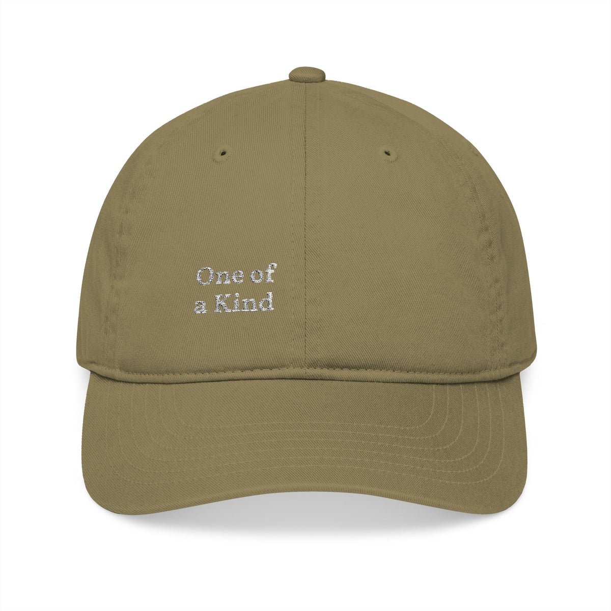 Organic embroidered baseball cap by Printify, featuring a minimal casual design with unique "One of a Kind" embroidery.