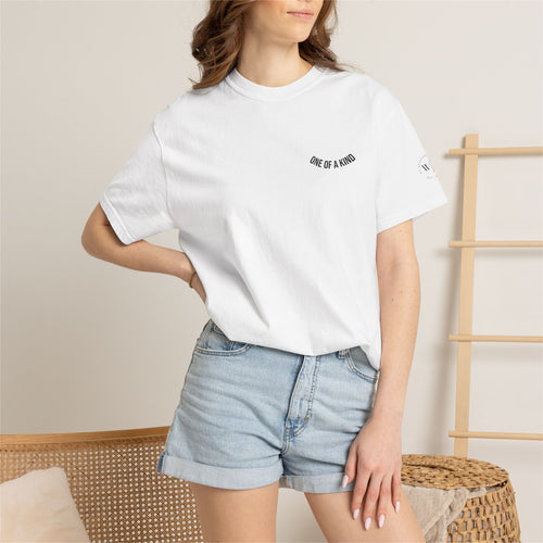 Black "One of a Kind" Chest Logo T-shirt by Printify featuring a front chest logo design on soft cotton fabric.