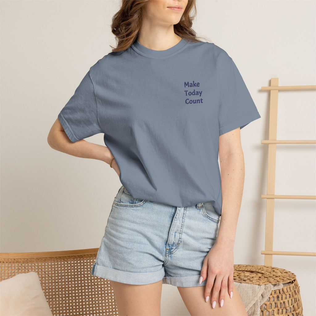 Printify Make Today Count T-Shirt featuring a minimal design and inspirational pocket detail, casual and comfortable apparel.
