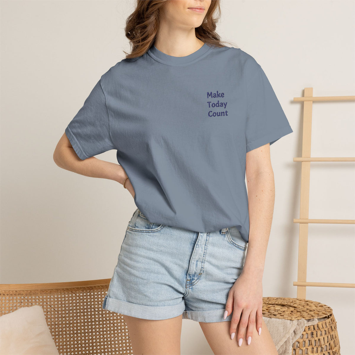 Printify Make Today Count T-Shirt featuring a minimal design and inspirational pocket detail, casual and comfortable apparel.