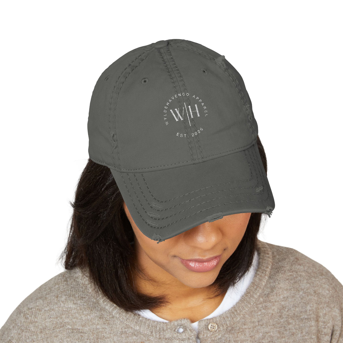 Distressed embroidered dad hat by Printify featuring vintage washed baseball cap with embroidered detail and casual style.