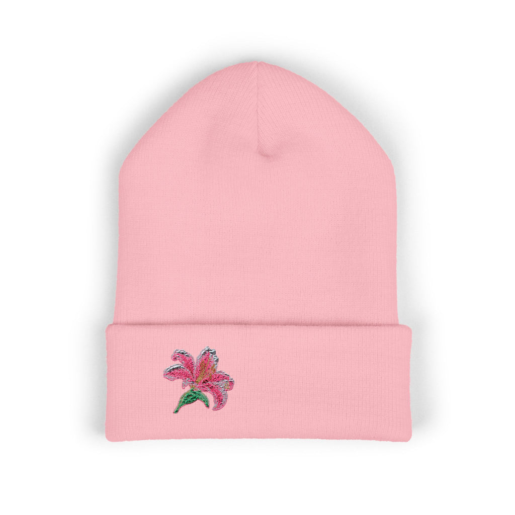 Pink embroidered lily beanie hat with floral embroidery, soft cuffed knit design, ideal for winter, by WyldeHaven Apparel.