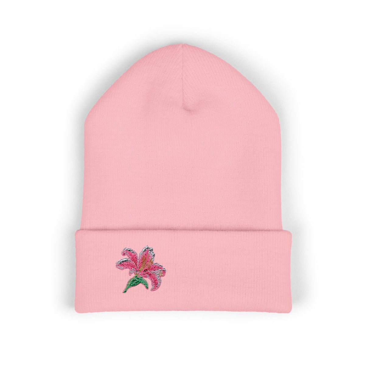 Pink embroidered lily beanie hat with floral embroidery, soft cuffed knit design, ideal for winter, by WyldeHaven Apparel.