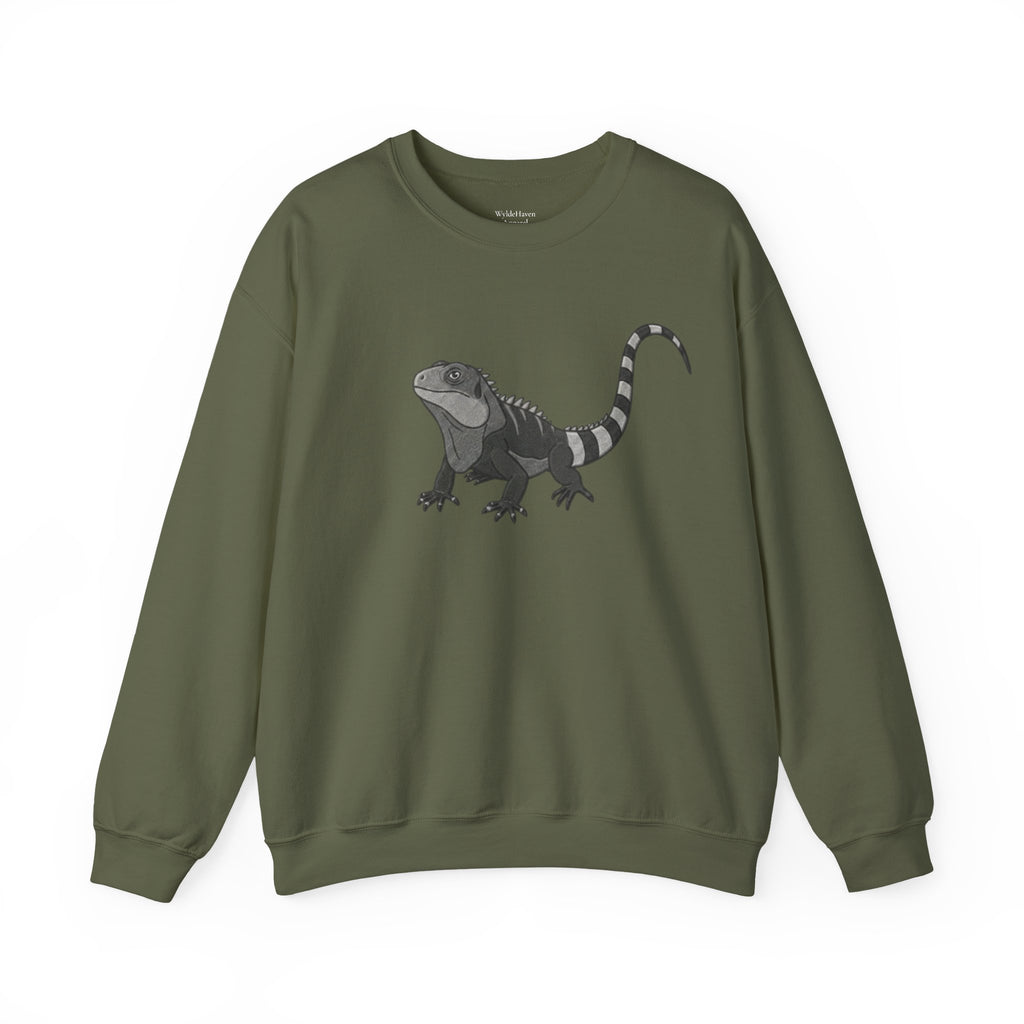 Iguana graphic sweatshirt from Wyldelife Collection by Printify featuring a colorful reptile design on soft fabric.