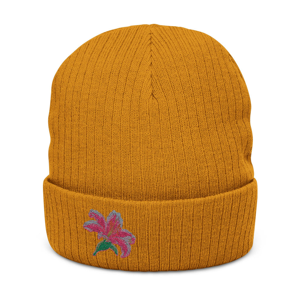 Embroidered Lily Beanie Hat by WyldeHaven, soft knit winter hat with floral embroidery, unisex design for everyday wear.