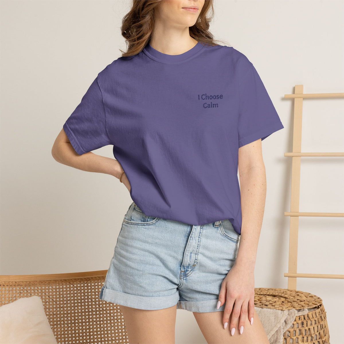 Light gray I Choose Calm T-Shirt by Printify featuring minimalist relaxation design on soft cotton fabric.