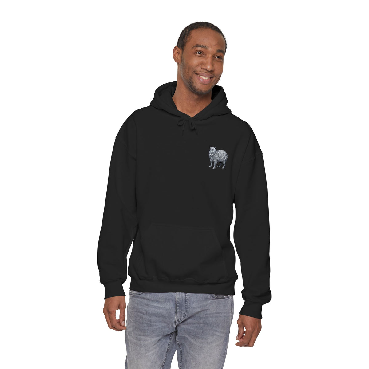 Gray hoodie featuring an embroidered capybara design from the Wyldelife Collection by Printify, showcasing detailed wildlife embroidery.