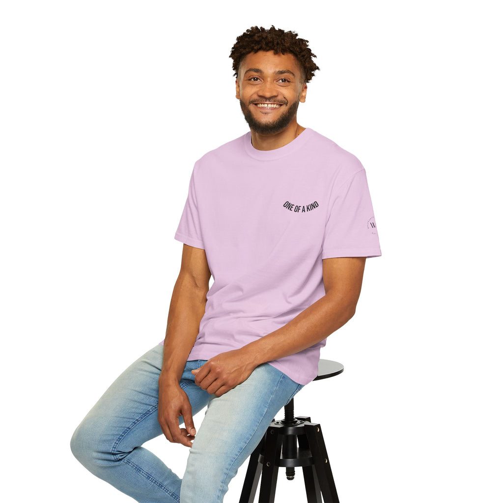 Black "One of a Kind" Chest Logo T-Shirt by Printify, featuring a minimalist design with a chest print and comfortable fit.