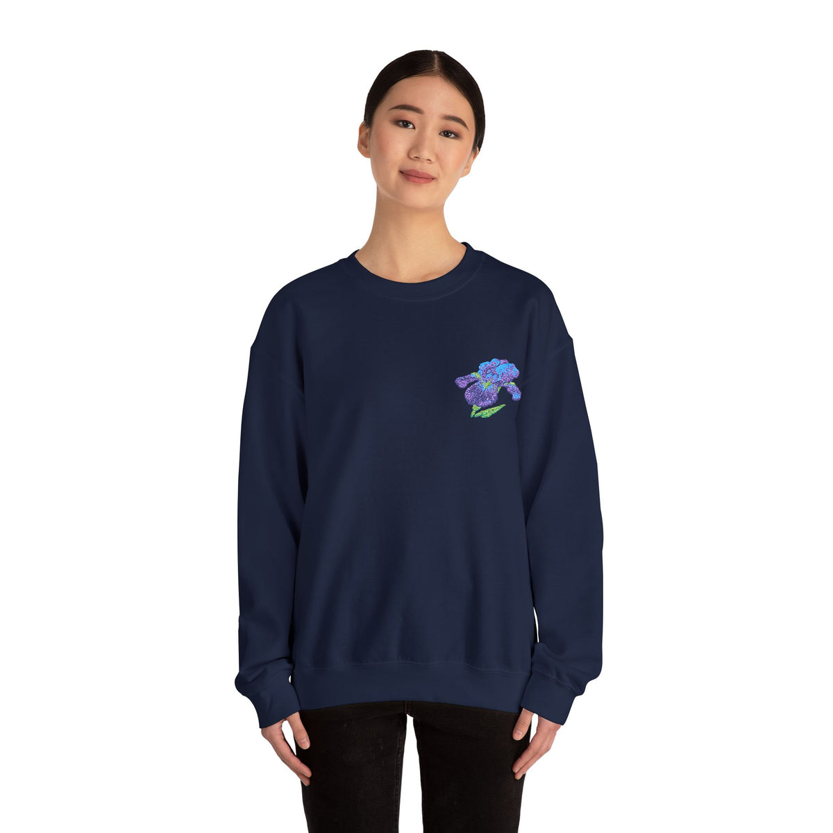 Unisex embroidered iris sweatshirt with floral design on the left chest, featuring colorful floral embroidery on a comfortable fabric.