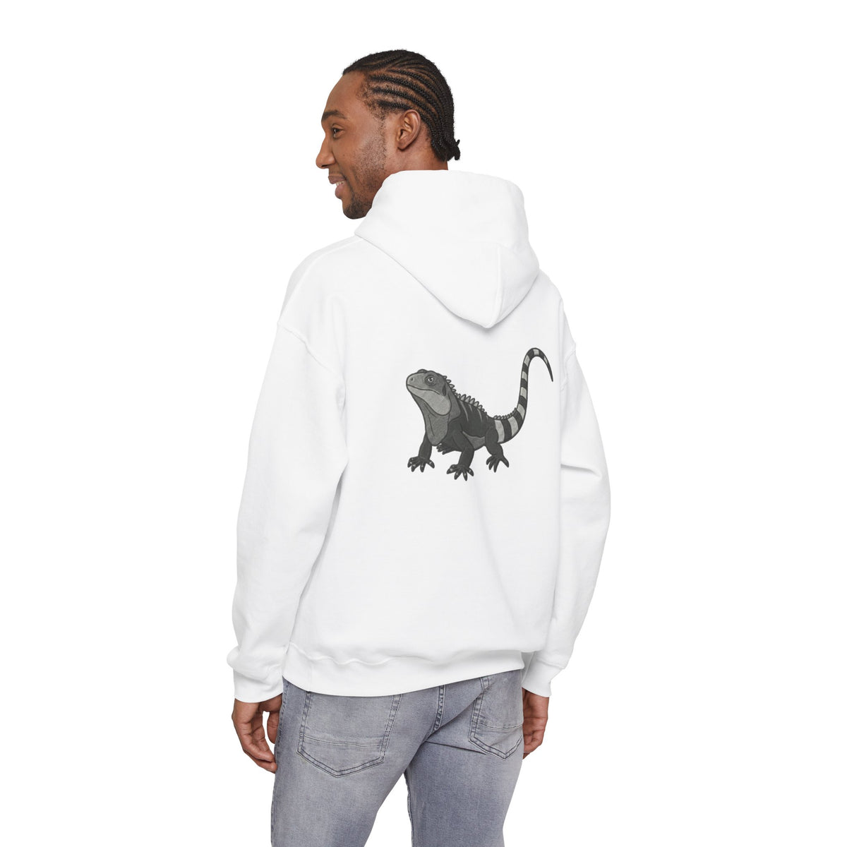 Large wildlife-themed iguana graphic hoodie from Wyldelife Collection by Printify, featuring an eye-catching iguana back print.