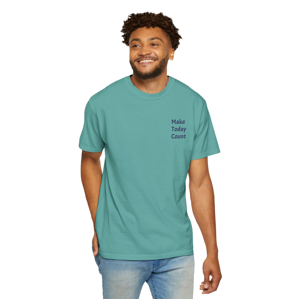 Minimal inspirational Make Today Count T-Shirt by Printify featuring a pocket design on soft cotton fabric.