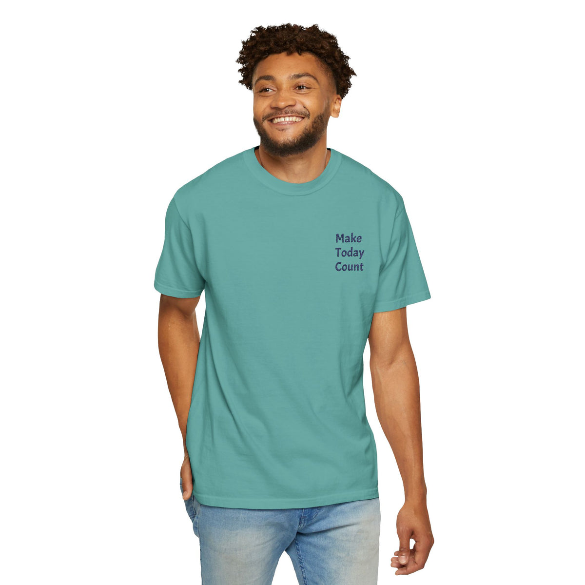 Minimal inspirational Make Today Count T-Shirt by Printify featuring a pocket design on soft cotton fabric.
