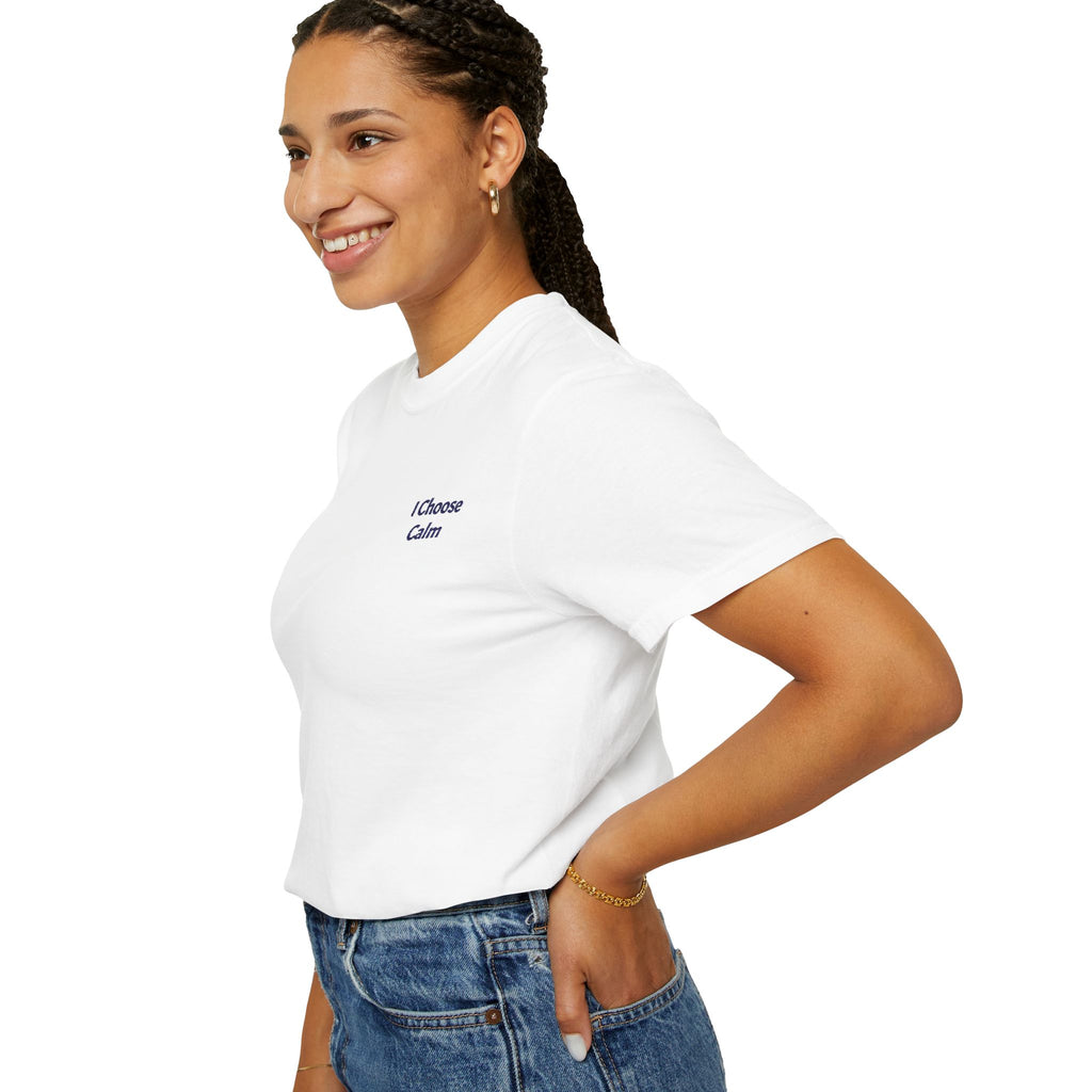 Minimalist I Choose Calm T-Shirt by Printify featuring a relaxed fit with calming text design on soft fabric.