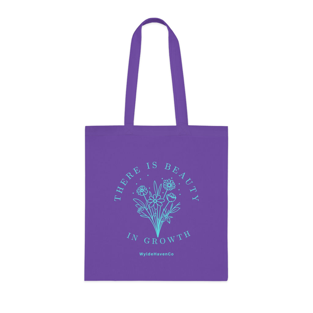 Floral cotton tote bag with "There Is Beauty In Growth" inspirational design, eco-friendly reusable bag by Printify.