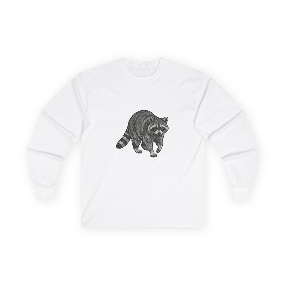 Raccoon wildlife graphic long sleeve T-shirt from WyldeLife Collection, featuring a detailed raccoon illustration on soft fabric.