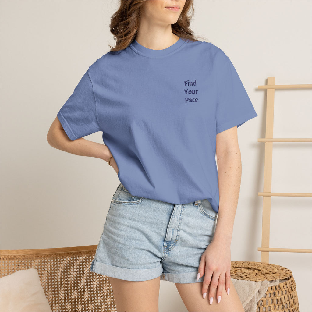 Black Find Your Pace T-Shirt by Printify featuring a minimal motivational chest print, casual fit, and comfortable cotton fabric.