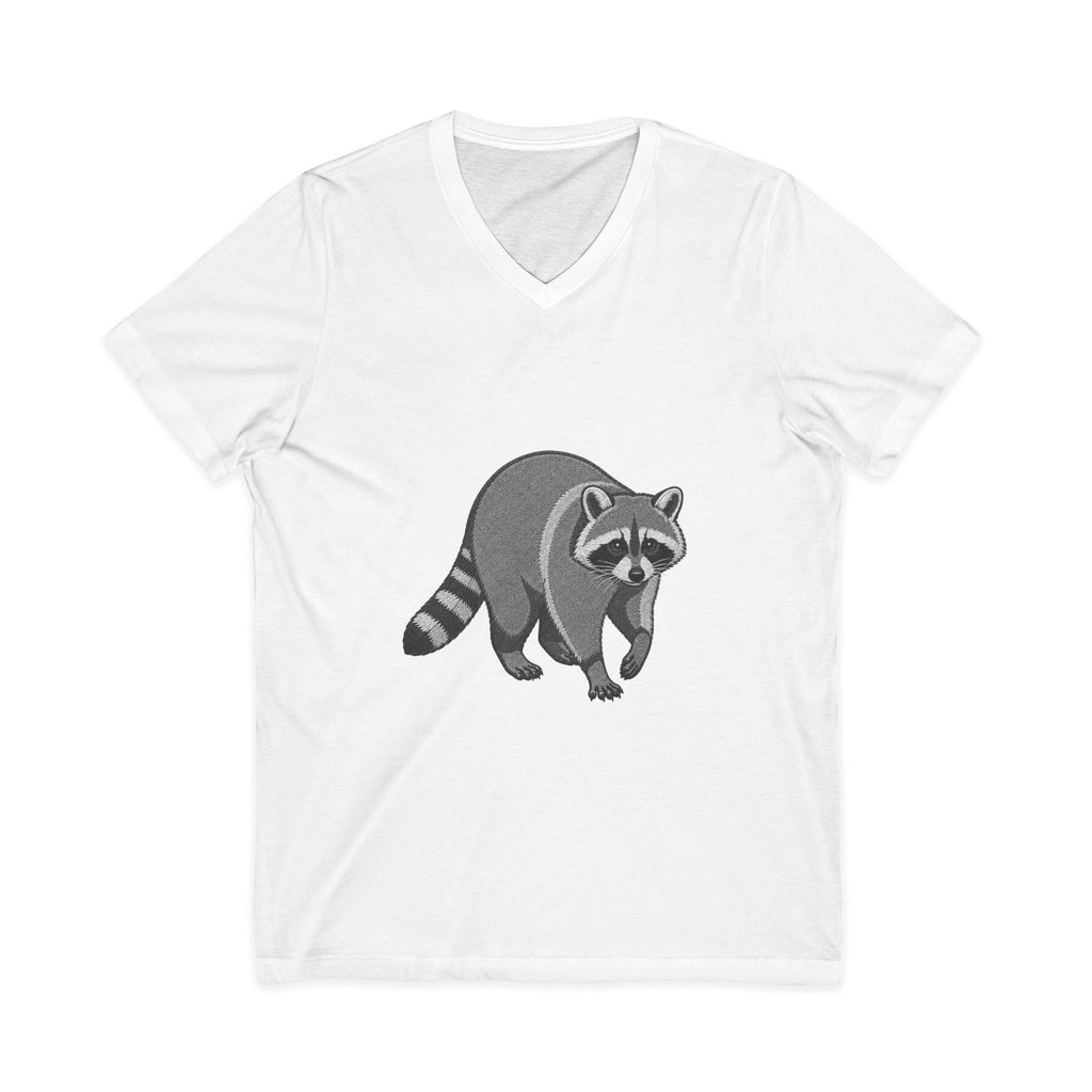 Raccoon V-Neck T-Shirt featuring Wyldelife Wildlife graphic print on a casual tee, made by Printify.