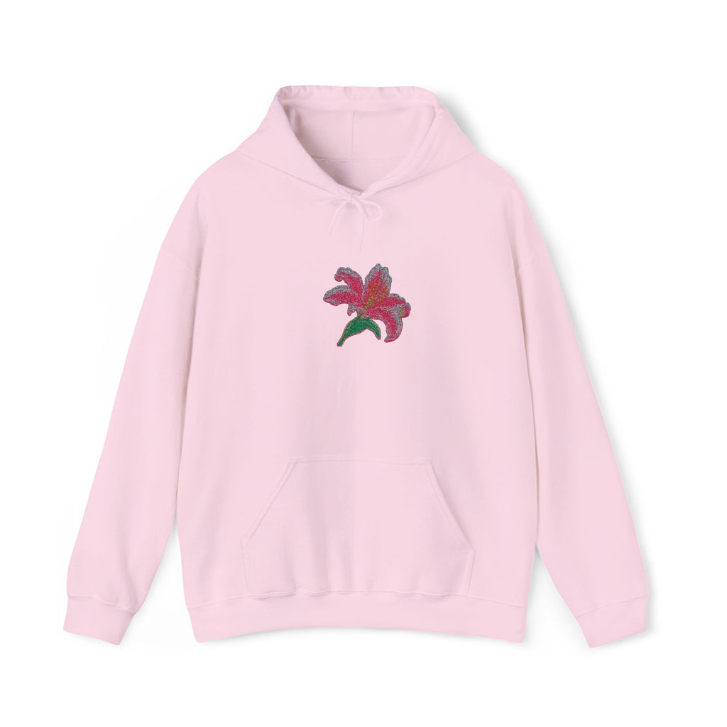 Printify embroidered lily flower hoodie with a center front floral design, featuring colorful floral embroidery on a cozy hoodie.