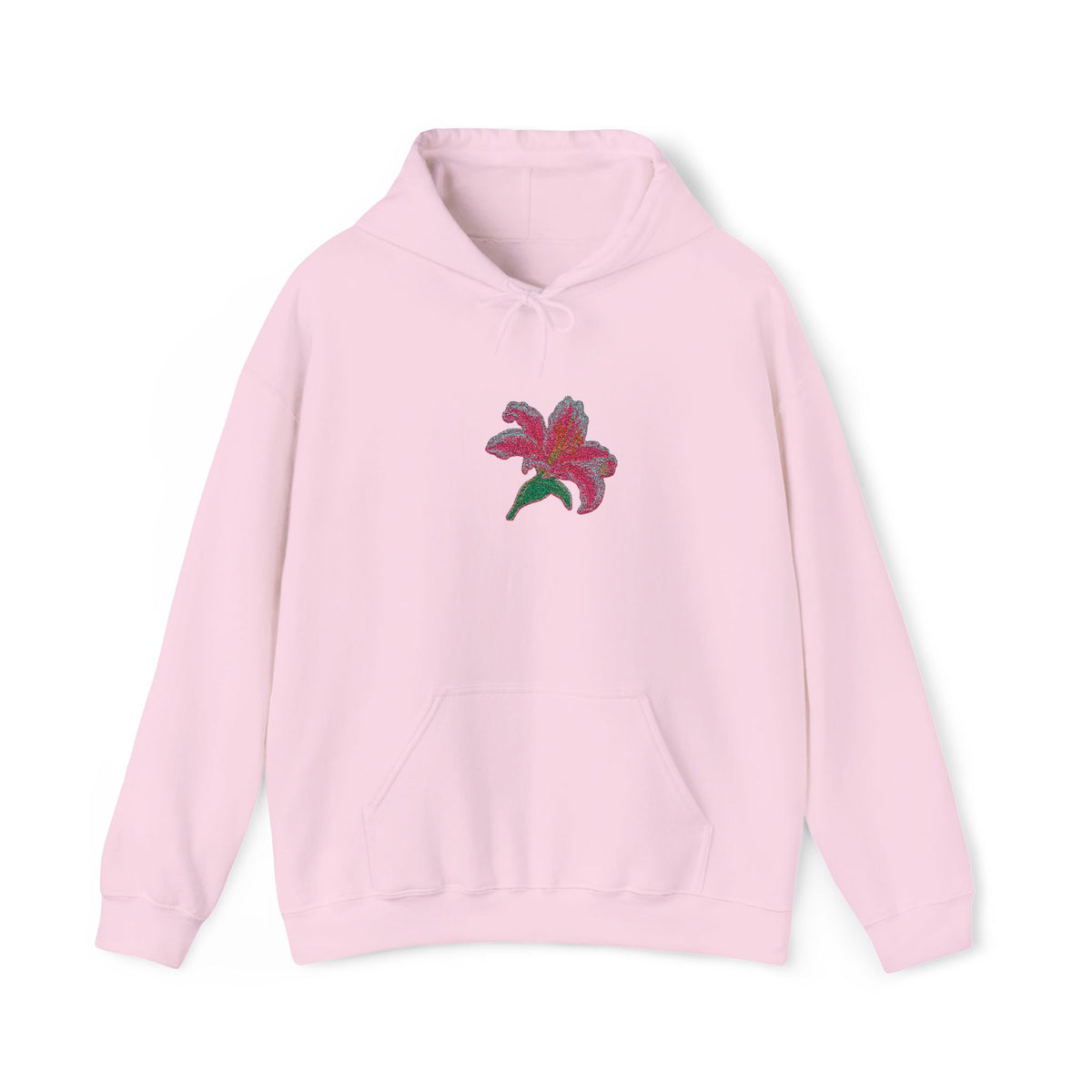 Printify embroidered lily flower hoodie with a center front floral design, featuring colorful floral embroidery on a cozy hoodie.