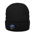 Soft knit embroidered iris beanie hat with floral design, unisex winter hat by WyldeHaven Apparel, showcasing colorful embroidery.